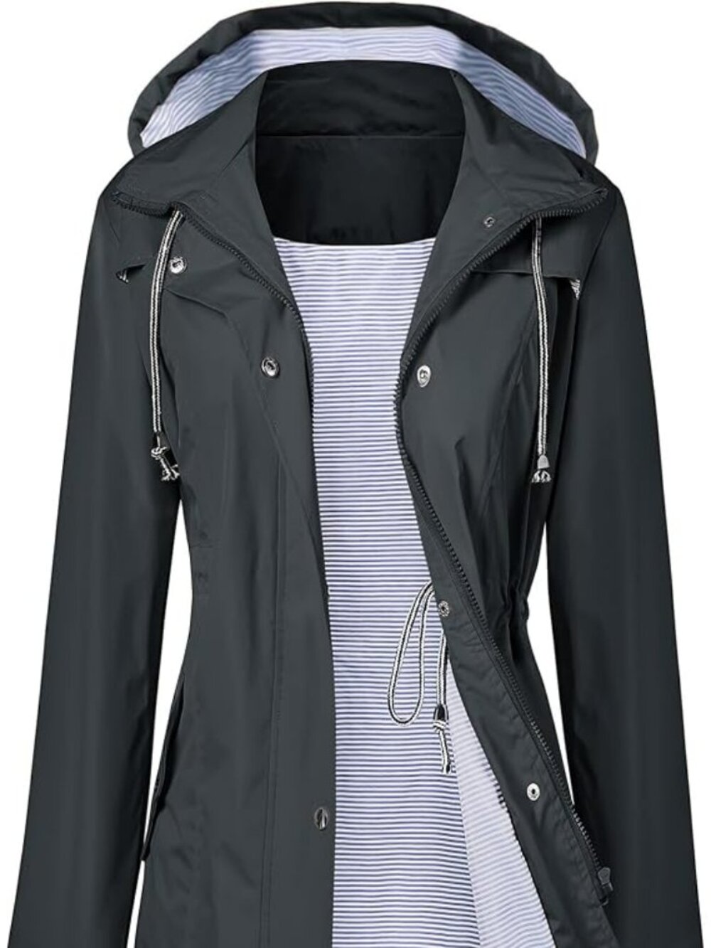 Woman's Waterproof Hooded Lined Windbreaker Drawstring Waist Dark Gray Size XXL